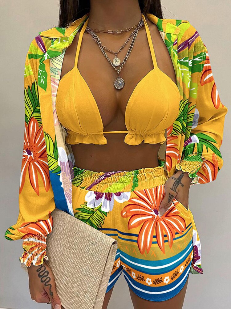 Tropical Print Lantern Sleeve Open Stitch Shirt & Shorts Set with Crop Top