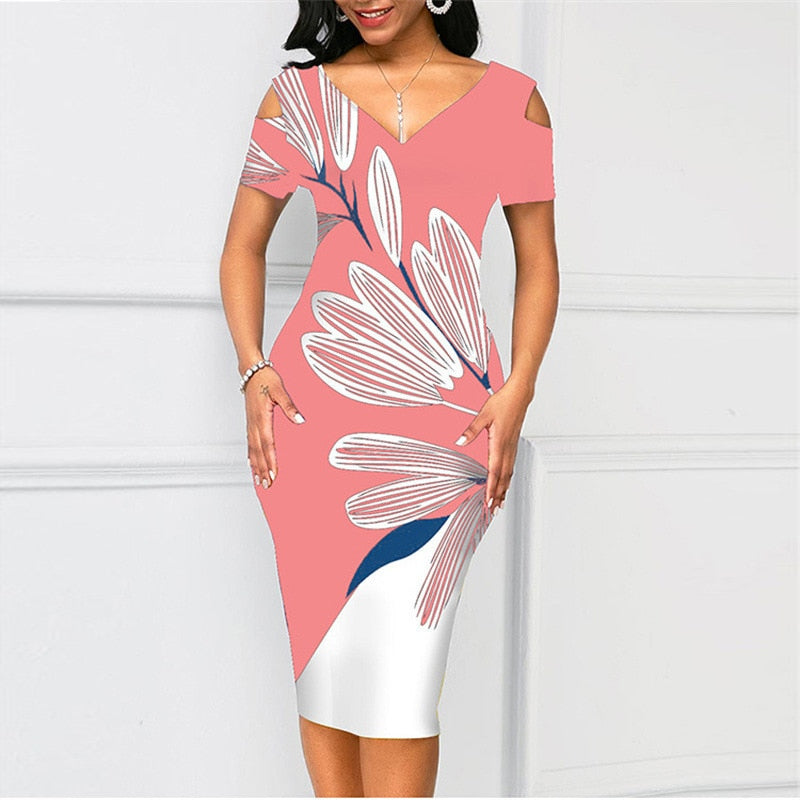 Summer V Neck Elegant Print Patchwork Slim Work Dress