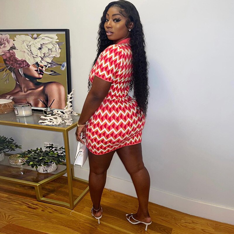 Summer Short Sleeve Turn-down Neck Wave Stripe Printed Mini Dresses