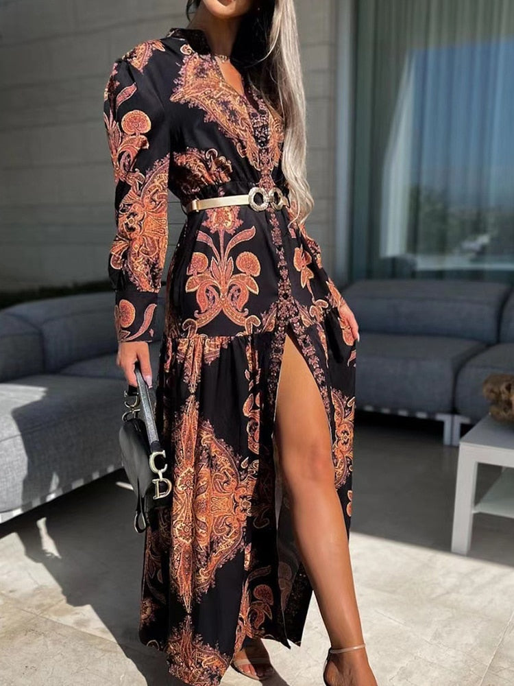 Elegant Printed Boho V Neck Single Breasted Lantern Sleeve Dress