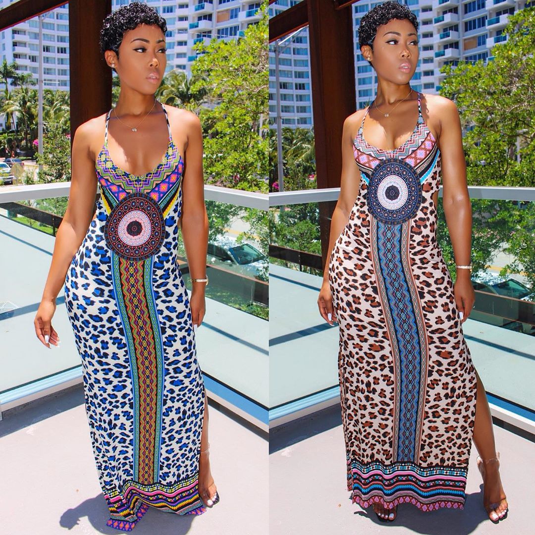 Leopard Print Spaghetti Strap Open Back Slim Maxi Dress