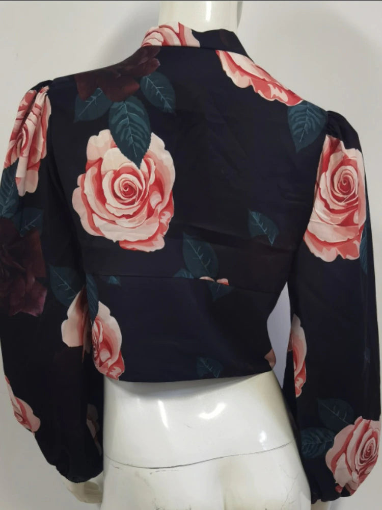 Spring and Summer Cardigan Waist V-Neck Long Sleeve Lantern Sleeve Shirt