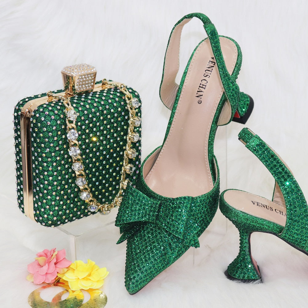 Classics Design Women Shoes Matching Bag Set with Crystal
