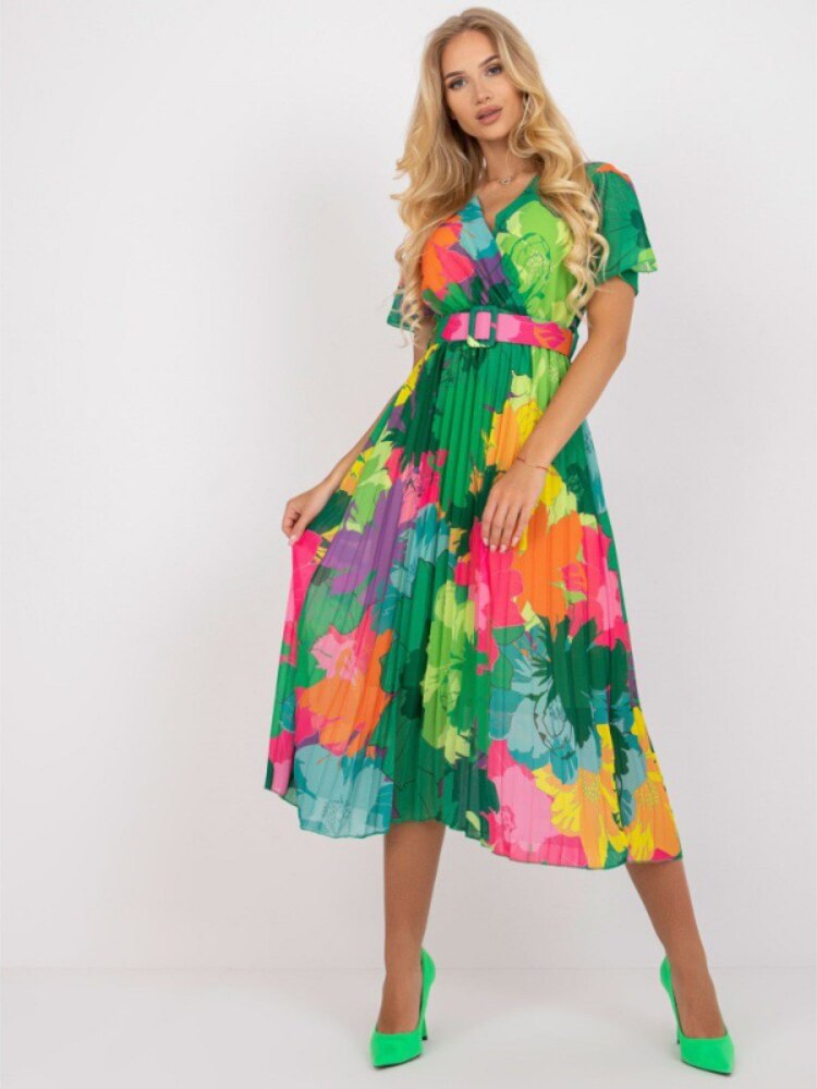 Summer  V-neck Printed High Waist Pleated  Dresses