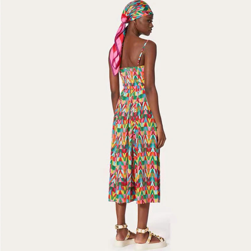 Summer Color Lettered Printed Spaghetti Strap Dress