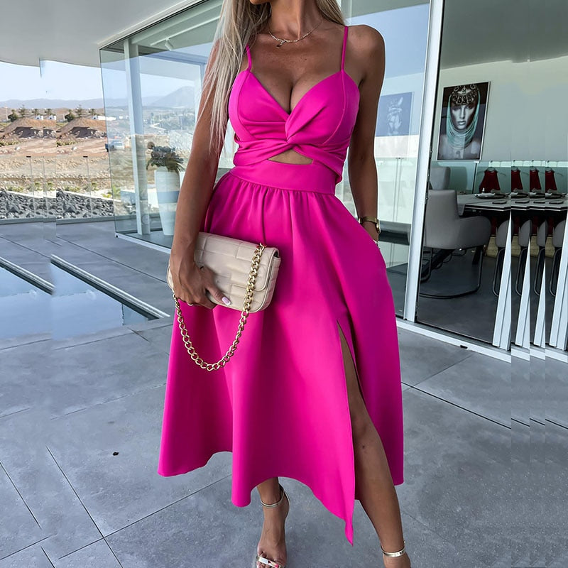 Summer V-neck Backless Twist Design Hollow Out Sling Dress