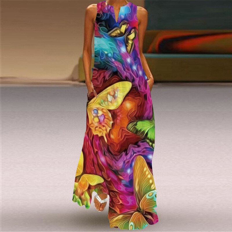 Spring Summer Sleeveless V-neck Casual Elegant Print Vintage Dress