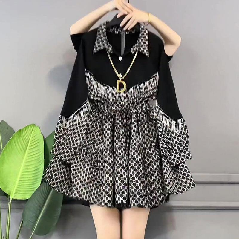 Polo Neck Lattice Printing Patchwork Lantern Sleeve Tassels Decorate Pleats Big Hem Elastic Waist Lace Up Dresses