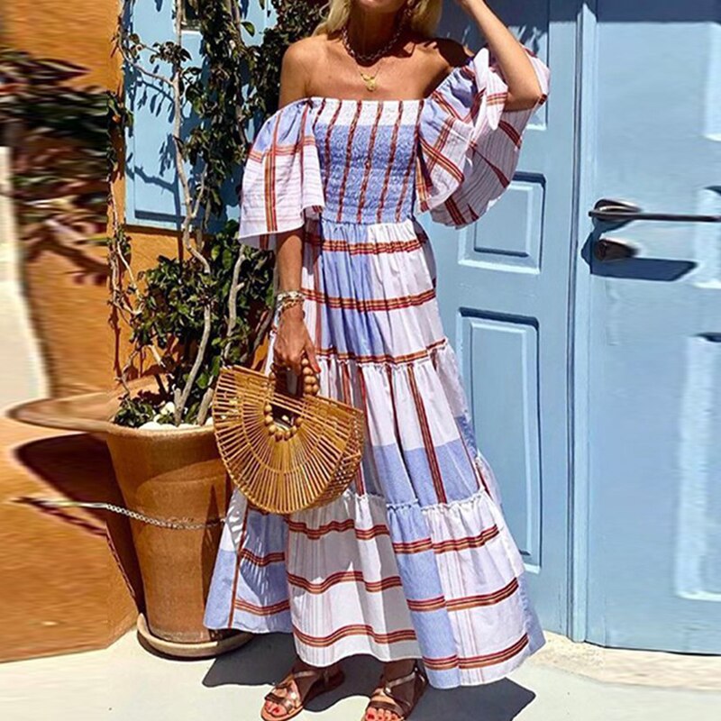 Summer Plaid Print A-line Off the shoulder Boho Beach Dress