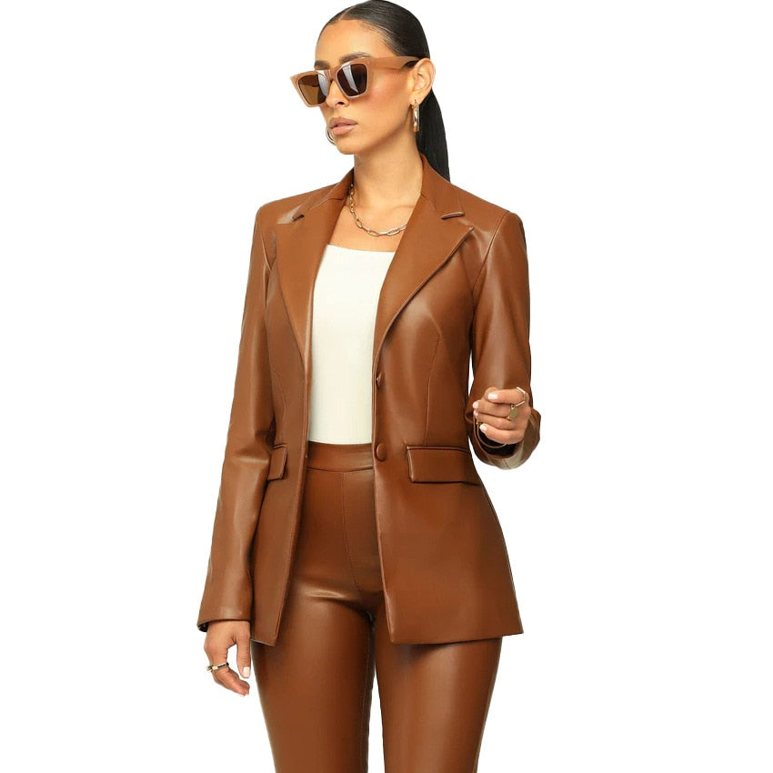 PU Leather  2 Piece Set Notch Neck Blazer High Waist Pants