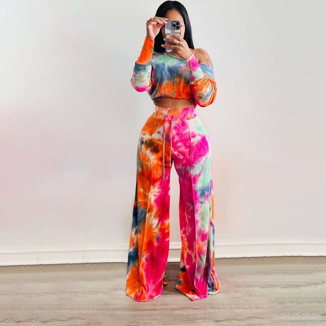 Tie Dye  Off Shoulder Long Sleeve T-shirt and Loose Pants Matching2 Piece Set