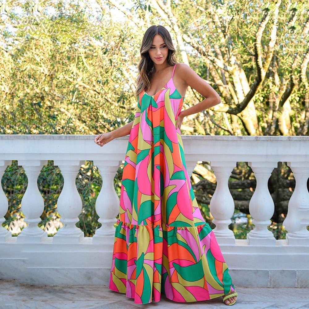 Sleeveless Fashion Print V-neck Elegant Maxi Dress
