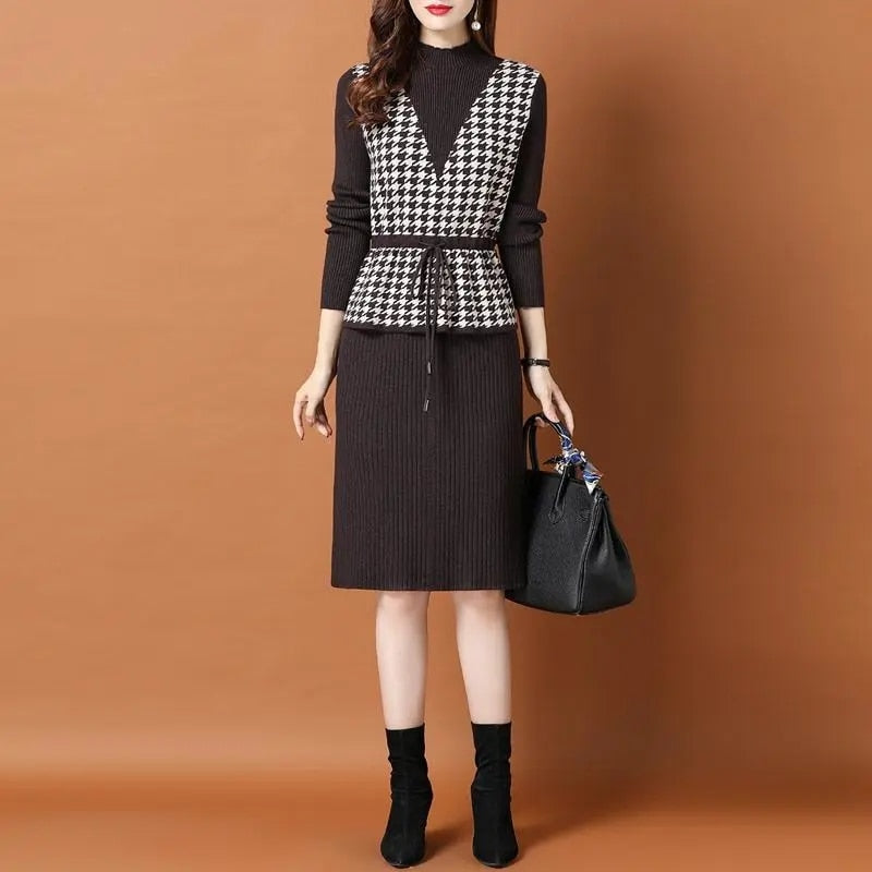 Vintage Plaid Patchwork Fake Two Piece Knitted Dress