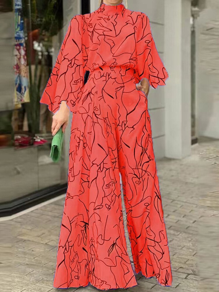 Spring Autumn Elegant Print Long Sleeve Loose Jumpsuit