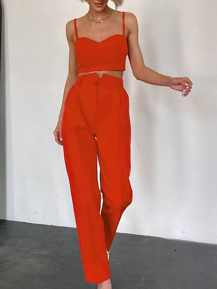 Solid Camisole Business Suit Sexy Sling Wrap Top And Trousers Two Piece Set