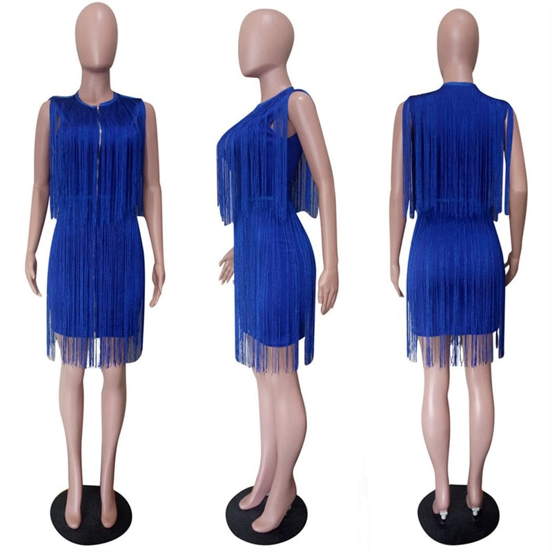 Sleeveless Front Zipper Slim Sheath Tassel Fringe y Bodycon Mini Dress