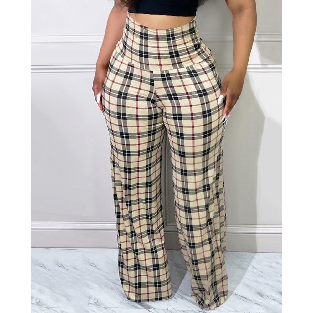 Spring Autumn Women Casual High Waist Plaid Print Wide Leg Pants