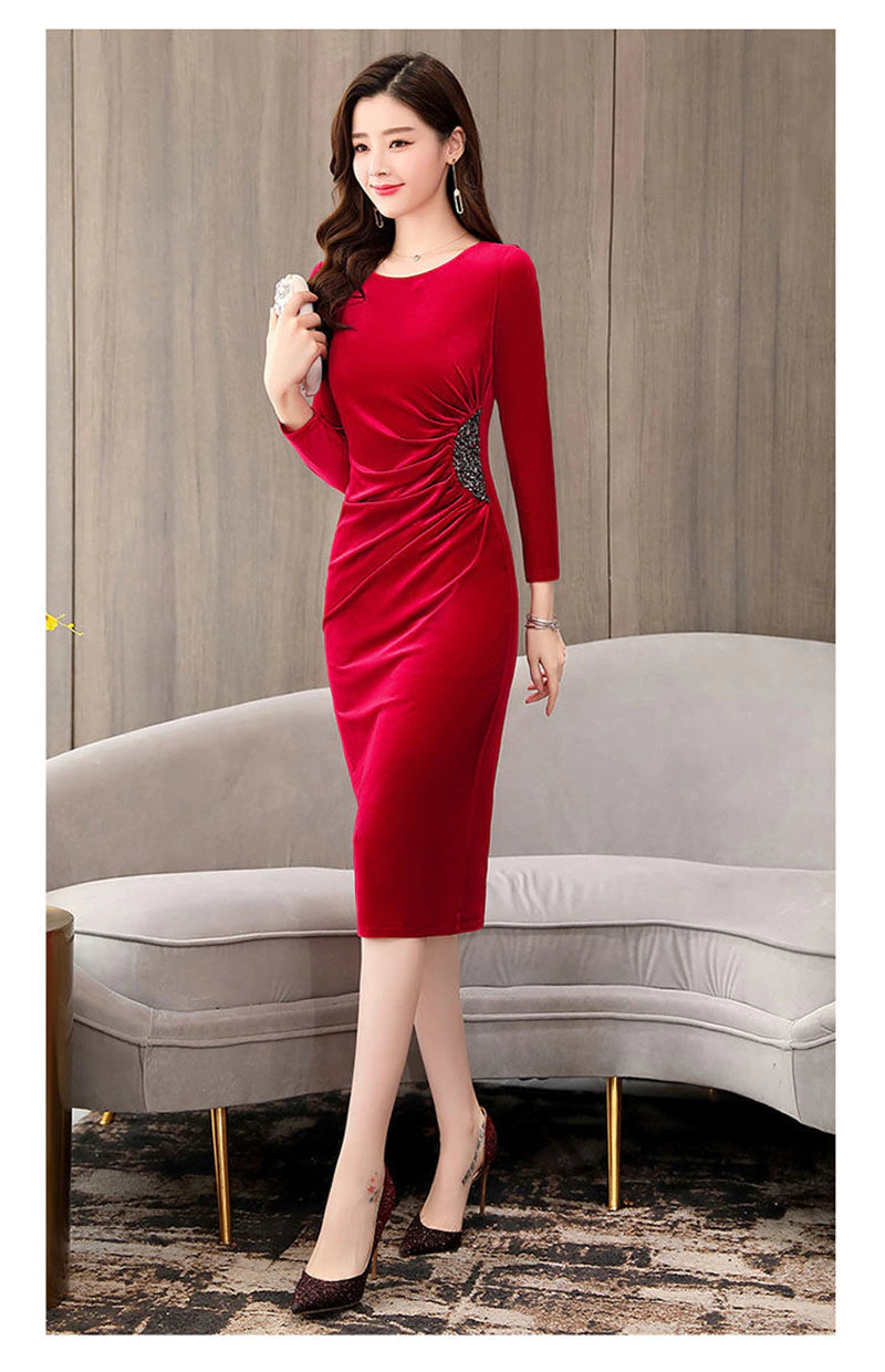 Elegant Long Sleeve Slim Pleated Sequin Velvet Dress