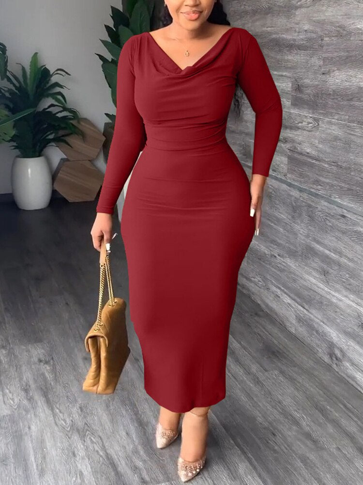 Long Sleeve Casual Bodycon Midi Dress