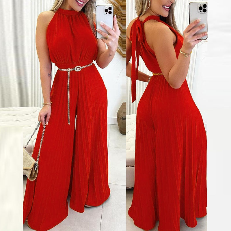 Summer Solid Color Halter Lace-up Jumpsuits