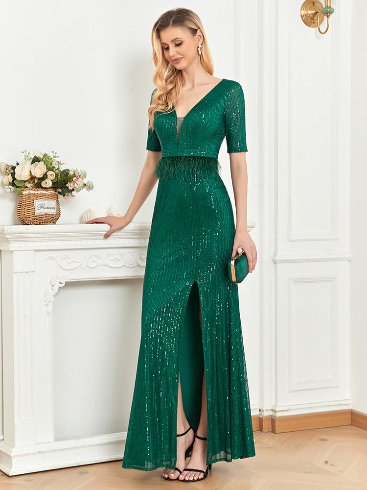 Deep V Neck Green Sequins Evening Dresses