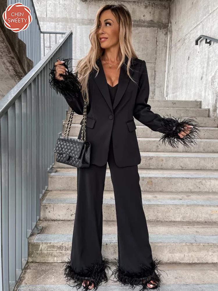 Feather Blazer Two Piece Set Women Solid Long Sleeve Top And Pants Suits