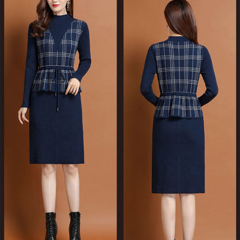 Vintage Plaid Patchwork Fake Two Piece Knitted Dress