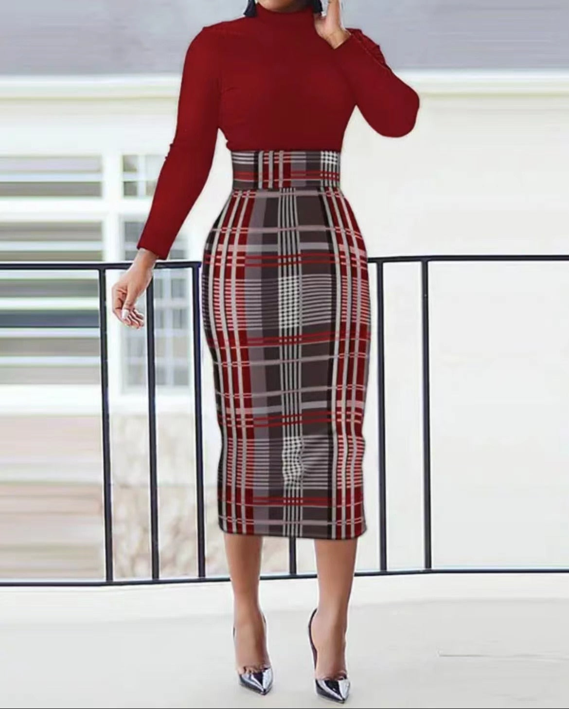 Autumn Winter Elegant High Collar Long Sleeve Printed Slit Slim Dress