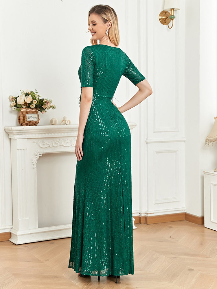 Deep V Neck Green Sequins Evening Dresses