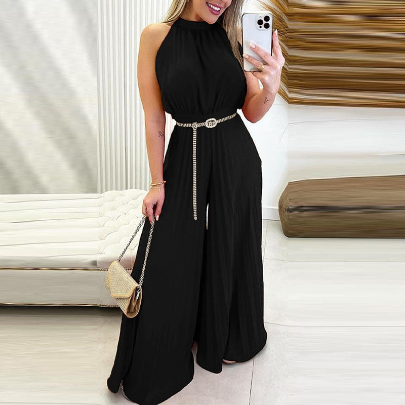 Summer Solid Color Halter Lace-up Jumpsuits