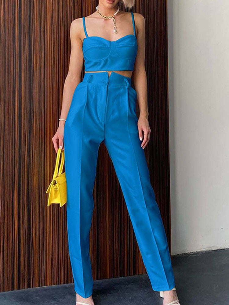 Solid Camisole Business Suit Sexy Sling Wrap Top And Trousers Two Piece Set