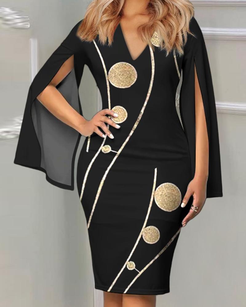 Casual Printed V Neck Slit Long Sleeve Bodycon Dress