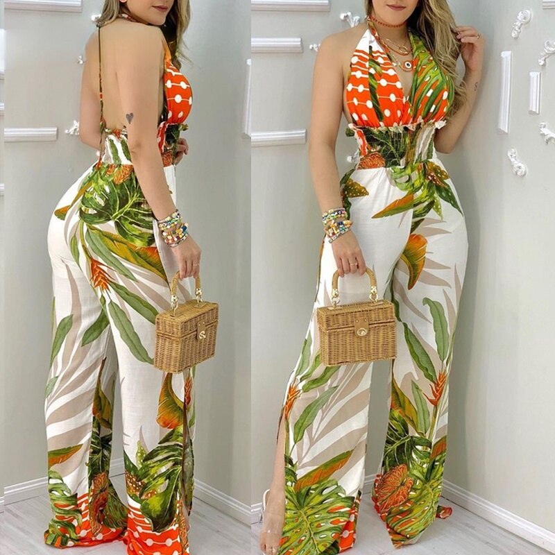 Tropical Print Backless Shirring Detail Jumpsuit
