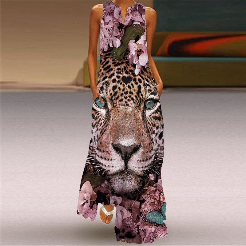 Spring Summer Sleeveless V-neck Casual Elegant Print Vintage Dress