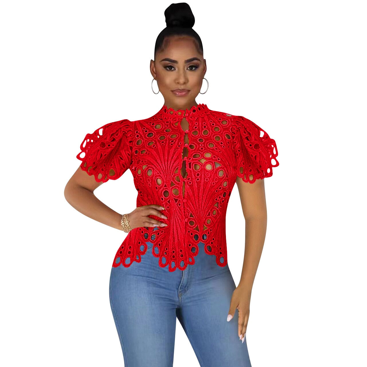 Elegant Short Sleeve Hollow Out Lace Sheer See Through Blouse