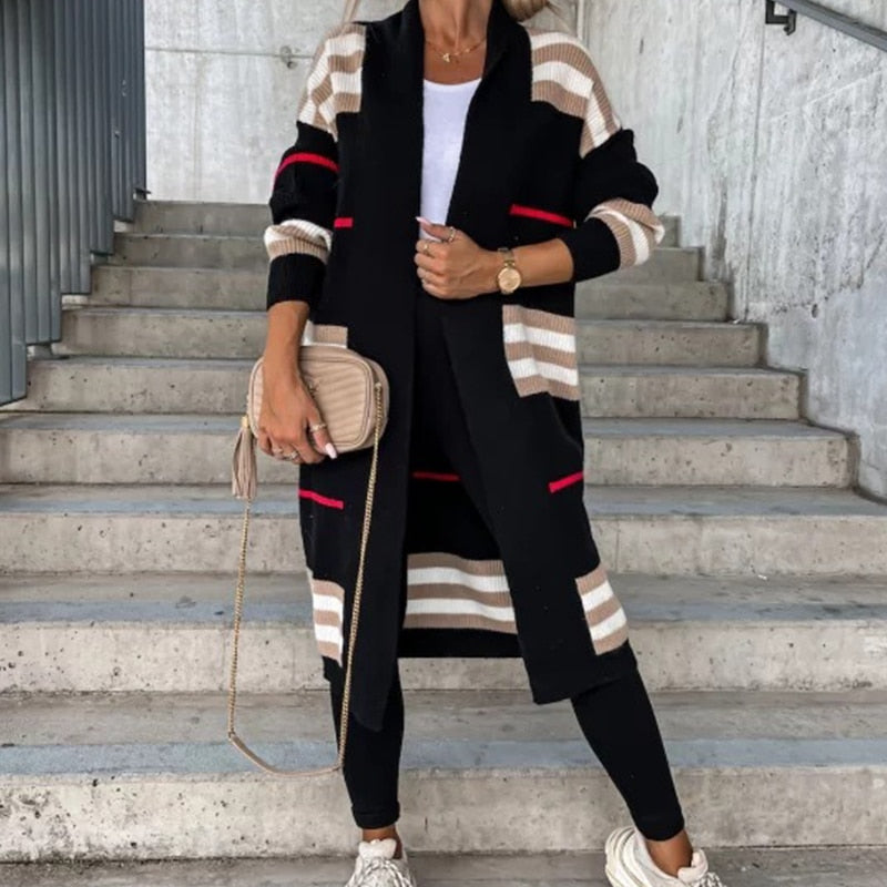 Striped Patchwork Maxi Sweater Coat