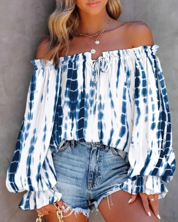 Sexy Boho Off Shoulder Lace Up Print Shirts