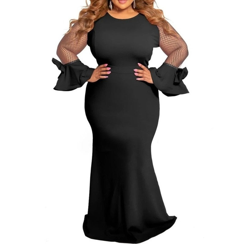 Plus Size DSheer Mesh Long Sleeve Long Maxi Dress