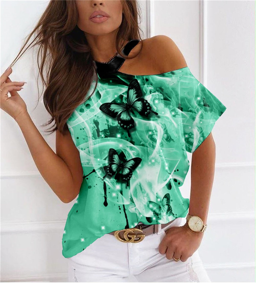 Summer  Short Sleeve Casual One Shoulder Shirt