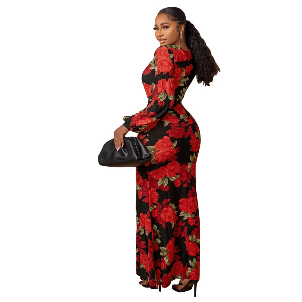 Long Sleeve V Neck Floral Printed  Bodycon Dress