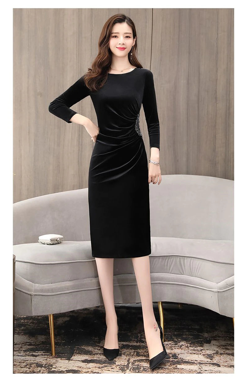 Elegant Long Sleeve Slim Pleated Sequin Velvet Dress