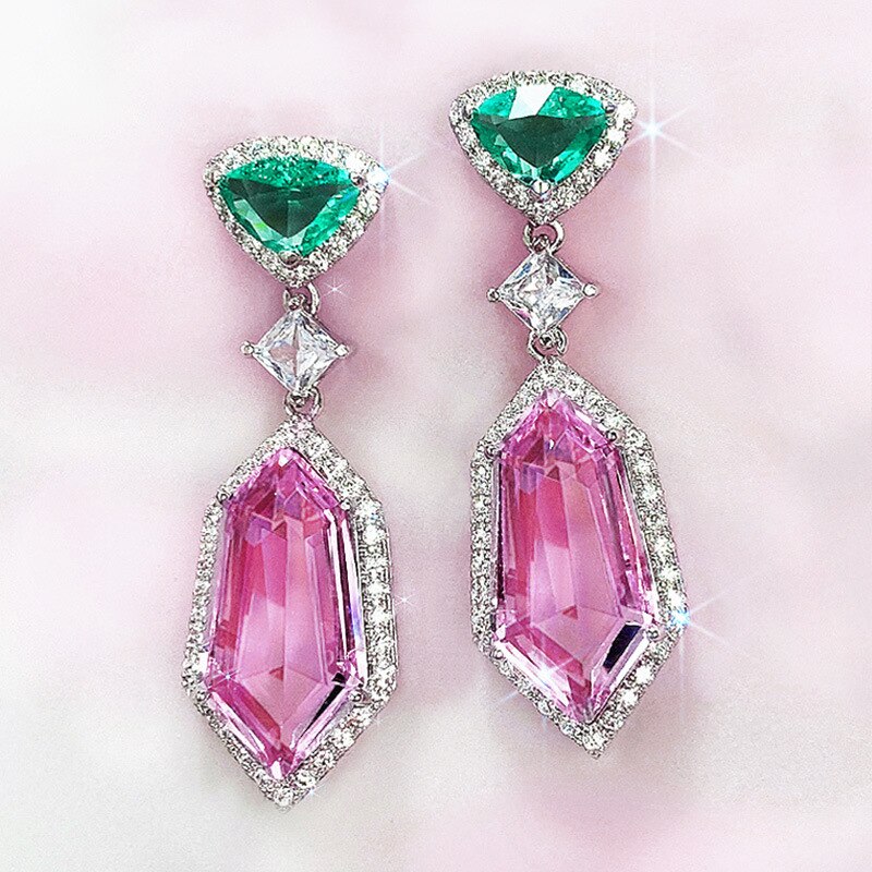 Pink Green Color Geometry  Earrings