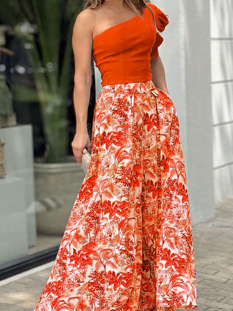 One Shoulder Puff Sleeve Top+Printed Wide Leg Trousers