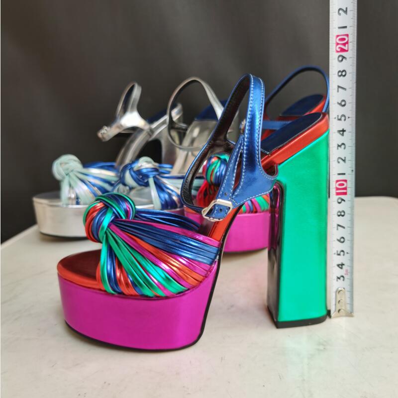 Mixed color Tie a knot Thick High Heel Platform Shoes