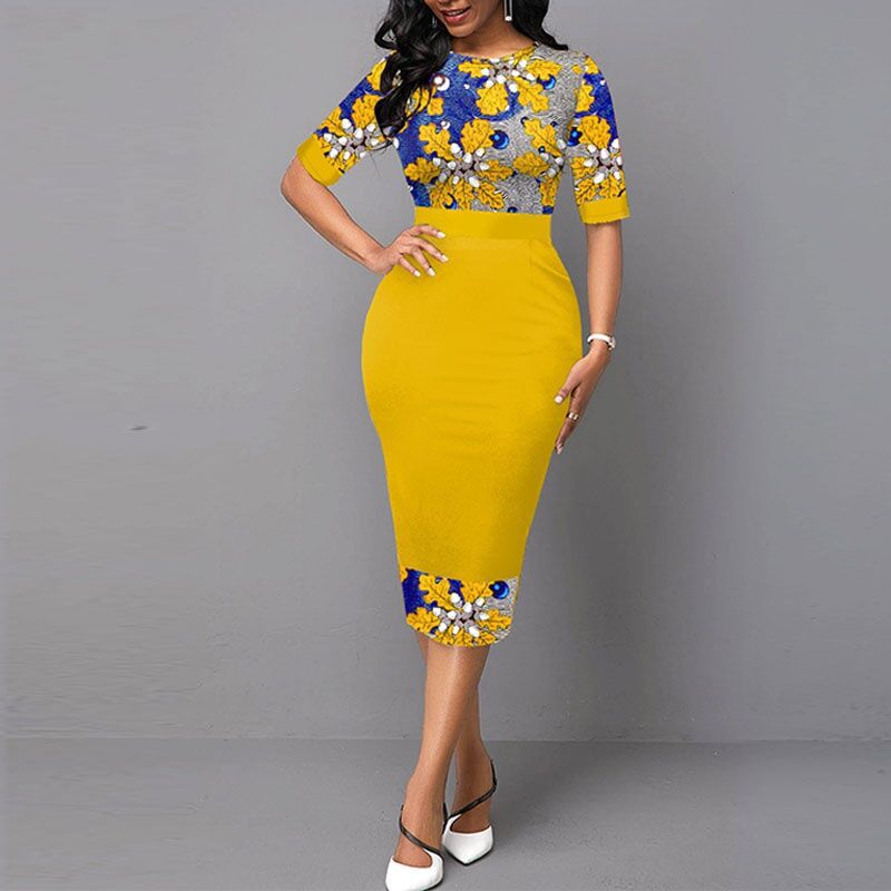 Floral Print Patchwork Yellow Elegant Office Dress