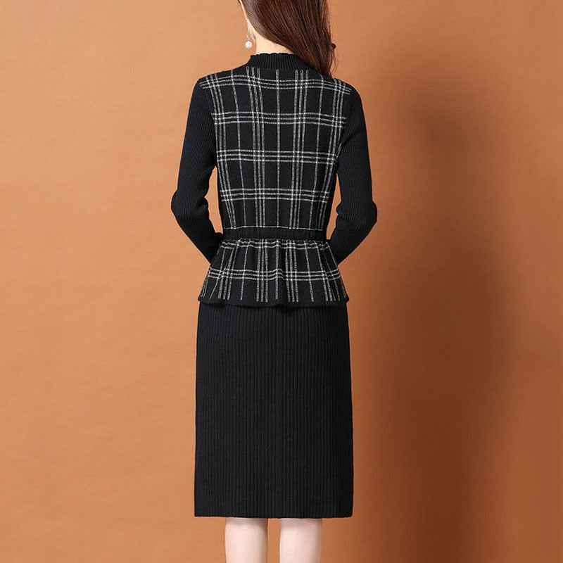 Vintage Plaid Patchwork Fake Two Piece Knitted Dress