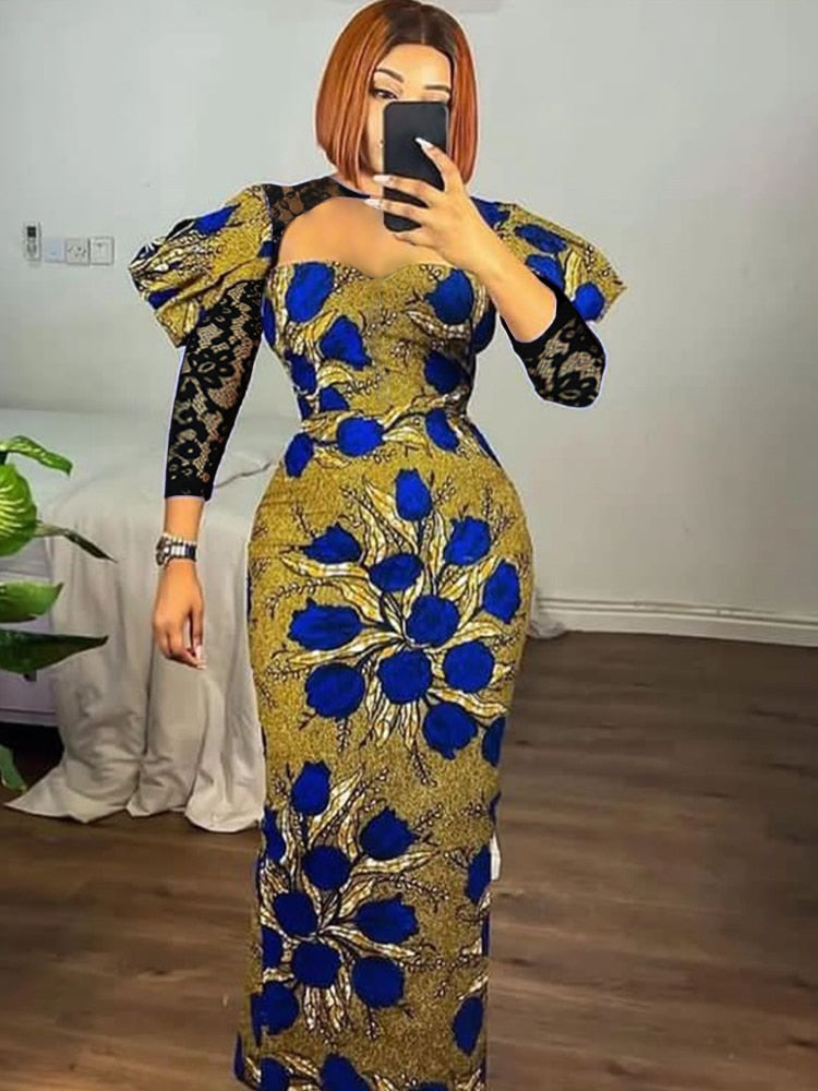 Sexy Lace Patchwork Floral High Waist Slim Fit African Gowns