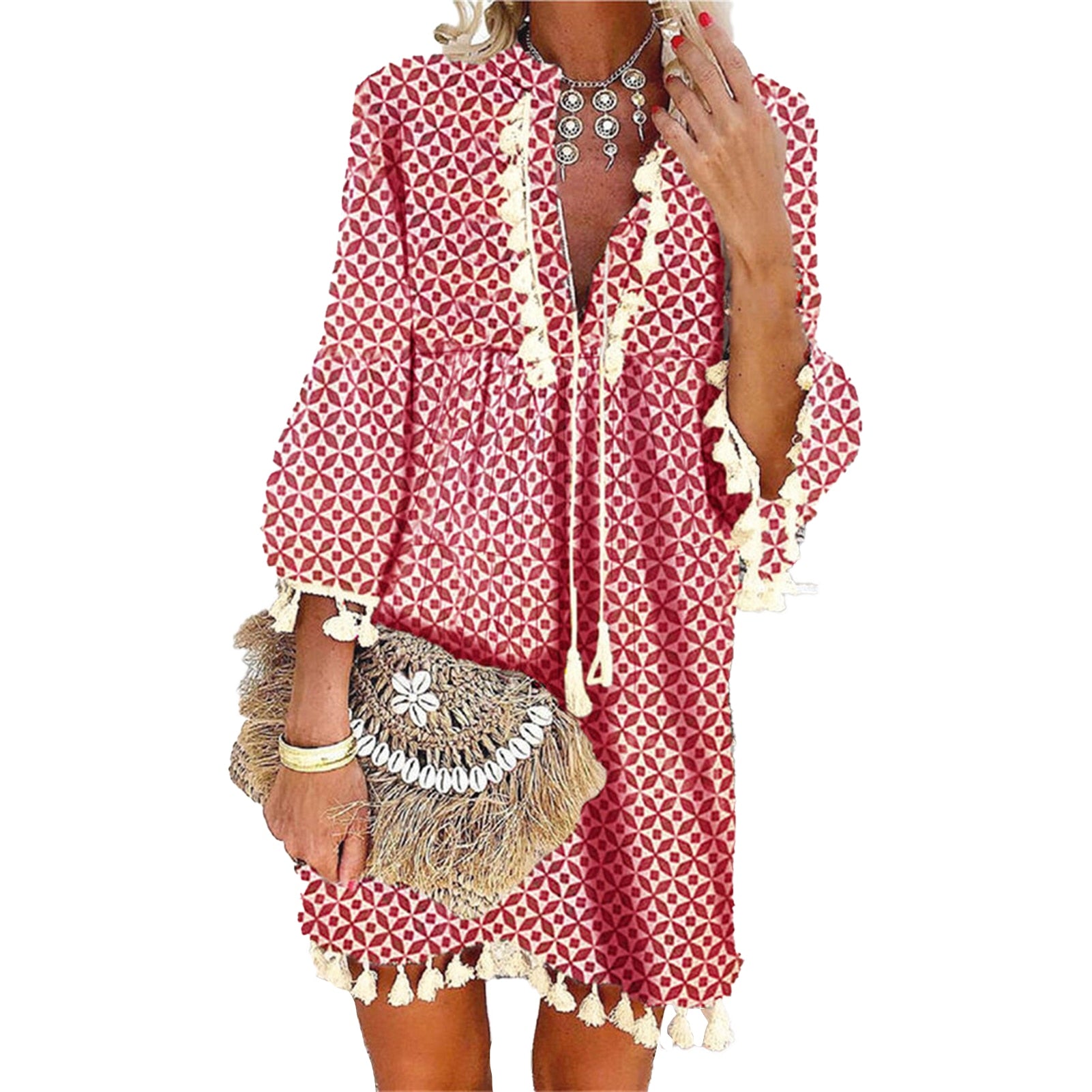 Long Sleeve Tassel Fringe Lace Deep V-Neck Shift Dress