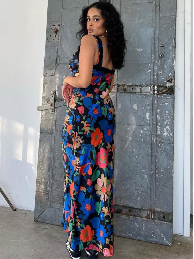 Elegant V-neck Slip Floral Print Satin Maxi Dress