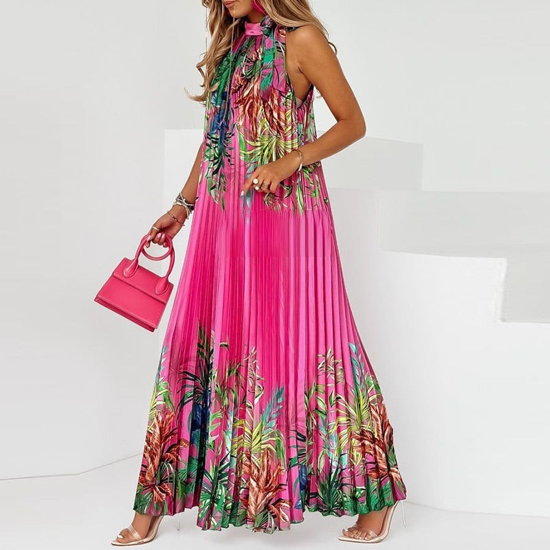 Lady Casual Loose Halter Pleated Maxi Dress